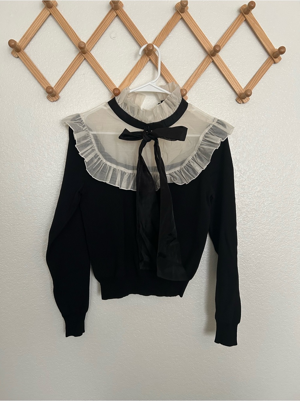 Zara Black Sweater with White Sheer Ruffled Collar and Bow